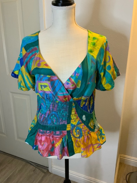 Ralph Lauren Tops - Ralph Lauren Multicolor V-Neck Smocked Peplum Blouse